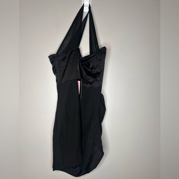 Black Satin Underwired Corset Mesh Strap Detail Bodycon Dress NWT - Picture 2 of 4
